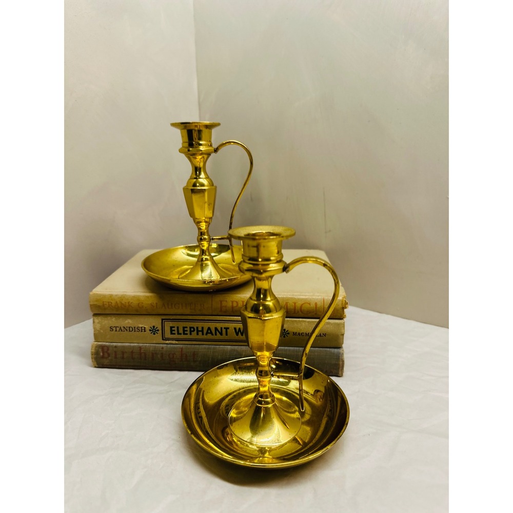 Vintage Solid Brass Chamberstick Candle Holders Pair Finger Loop Saucer Base 5.5